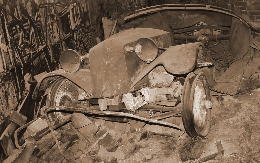 Auto, War, Scrap, Old, History, destroyed, found, transportation, indoors, day