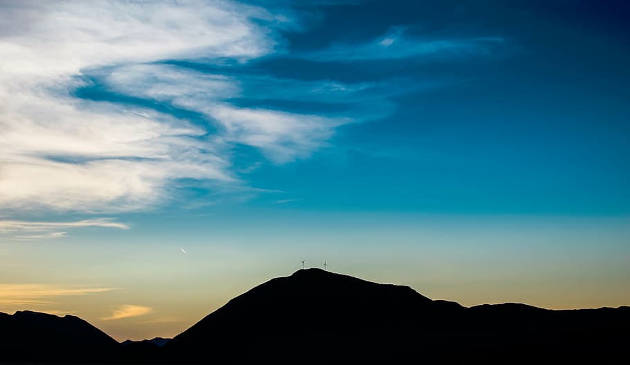 silhouette, mountain, cloudy, sky, nature, mountains, clouds, sunset, outdoors, landscape