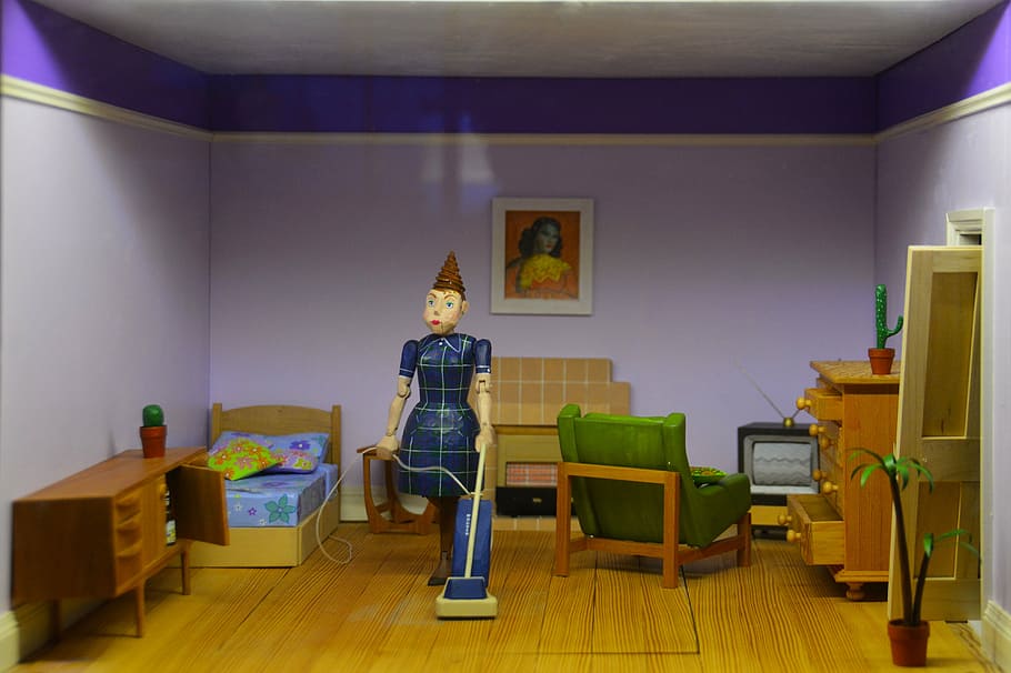 ilustração, vivendo, quarto, casa de boneca, estatueta, boneca, casa, brinquedo, modelo, pequeno