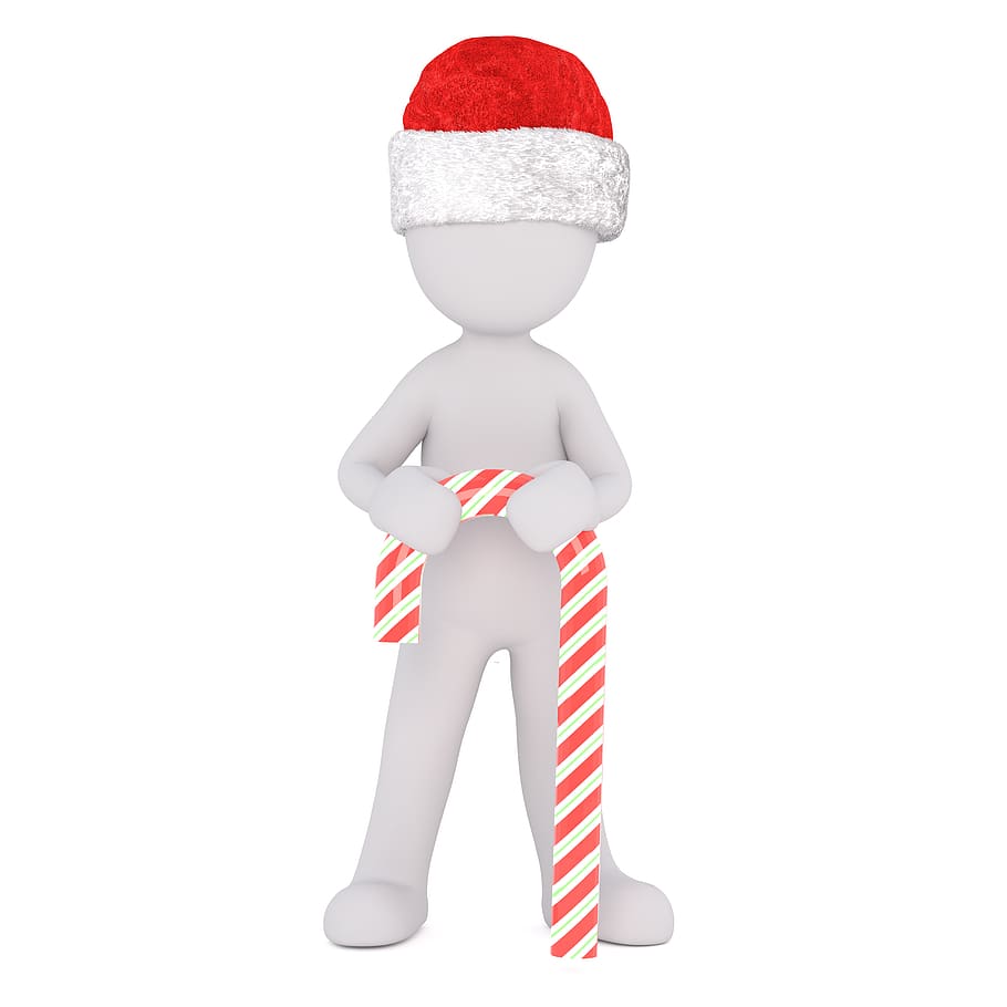 hombre blanco, blanco, figura, aislado, navidad, modelo 3d, cuerpo completo, gorro de santa 3d, bastón de caramelo, blanco rojo