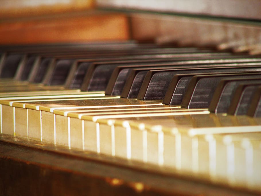 piano velho, piano, velho, música, instrumento, chaves, som, preto, branco, madeira