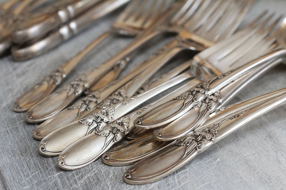 shallow, focus photography, silver steel fork, gray, surface, silverware, forks, metal, cutlery, silver