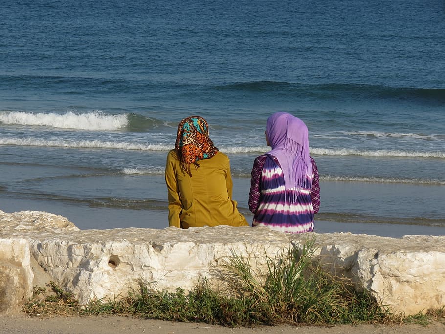 two, women, sitting, seashore, woman, seaside, arabic, female, arabian, islam