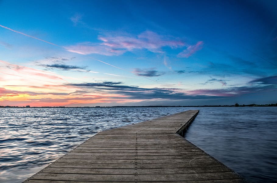 pier, dock, lake, water, horizon, sunset, dusk, sky, blue, landscape
