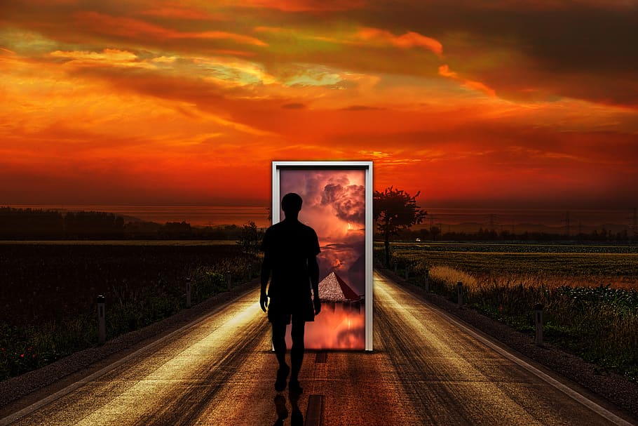 man, door, fantasy, road, sunset, sky, cloud - sky, transportation, real people, rear view