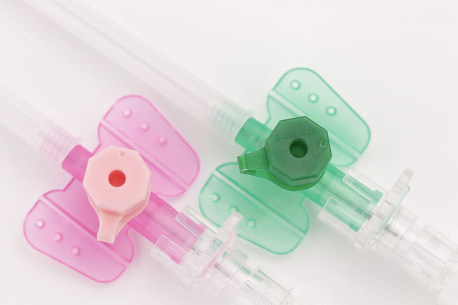 Infusion, Needles, Pink, green, pink color, high angle view, close-up, white background, indoors, studio shot