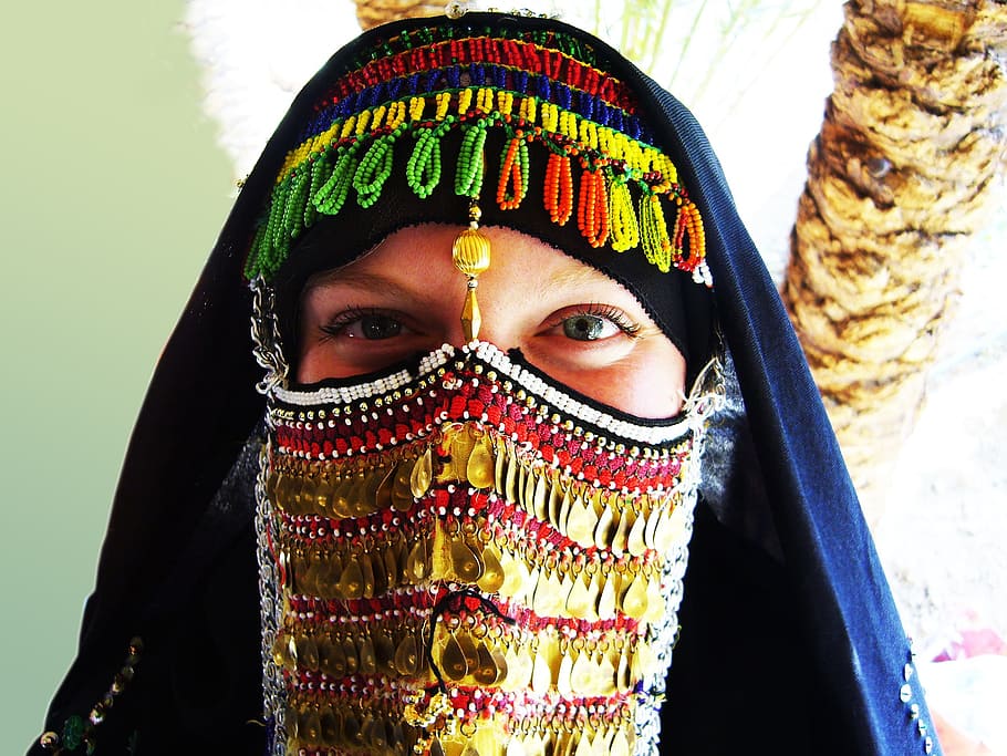 woman, covered, face, sequined, mask, headdress, person, human, female, bedouin woman
