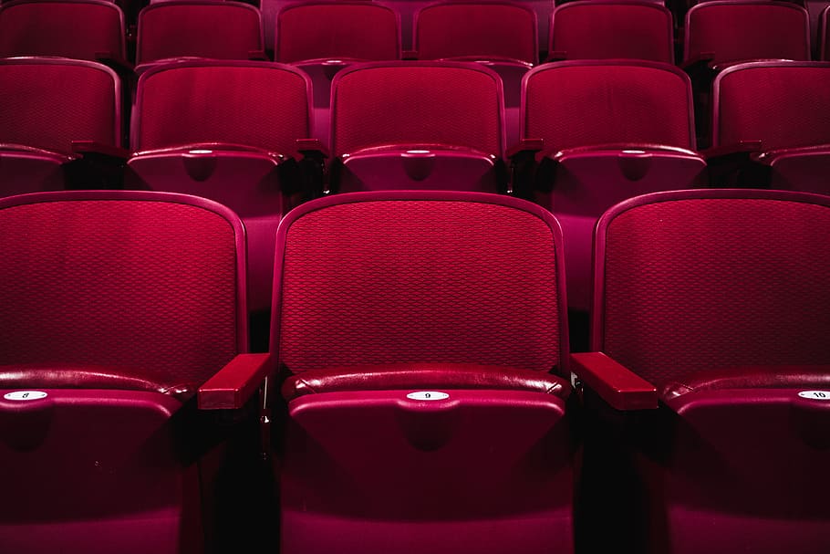 映画館の座席, 映画, 映画館, 座席, 映画館で, さまざまな, 椅子, 赤, 列で, 演劇