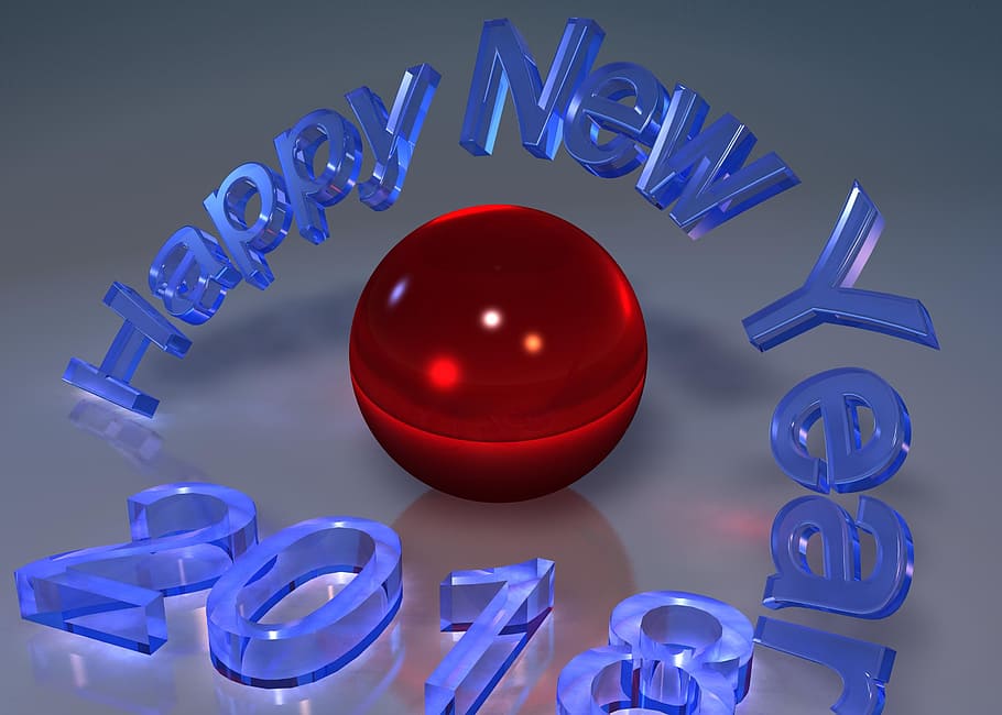 red, ball, happy, new, year text overlay, new year's eve, 2018, new year's greetings, new year 2018, number