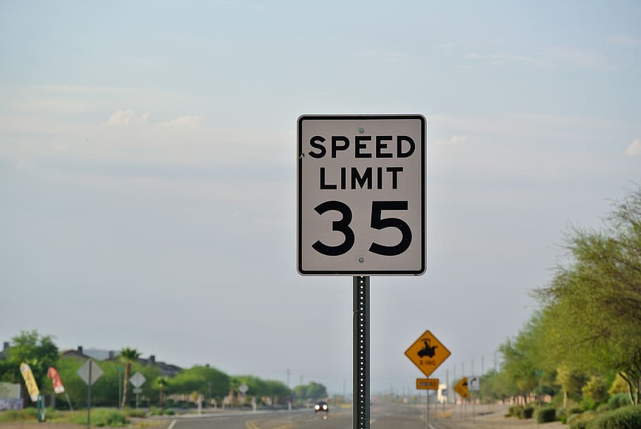 velocidad, limitado, 35 señal de tráfico, calle, letrero, autopista, viajes, transporte, tráfico, símbolo