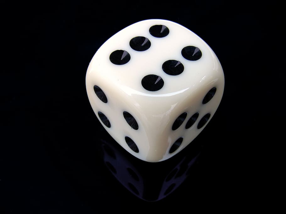 white, black, dice, displaying, 6 dots, cube, six, gambling, play, lucky dice