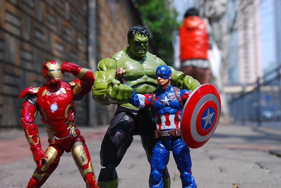 maravilha, hulk, capitão américa, estatuetas do homem de ferro, brinquedo, figuras, shanghai, rua, história em quadrinhos, homem de ferro