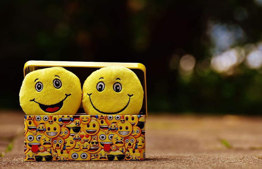 dua, mainan emoji, di dalam, kuning, kotak, smilies, lucu, kegembiraan, emoticon, emoji