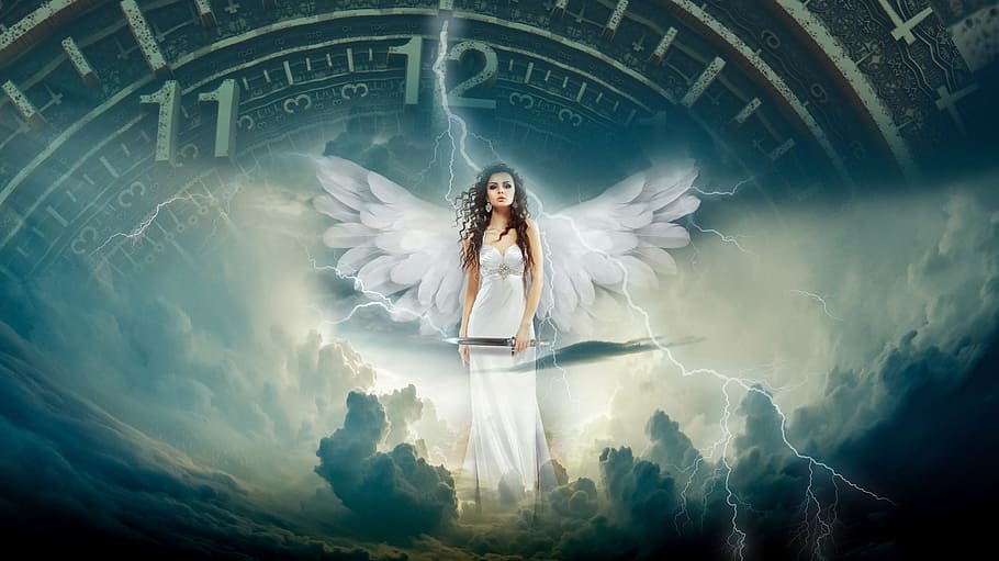 female, angel, holding, sword, standing, clouds, time, fantasy, magical, paradise