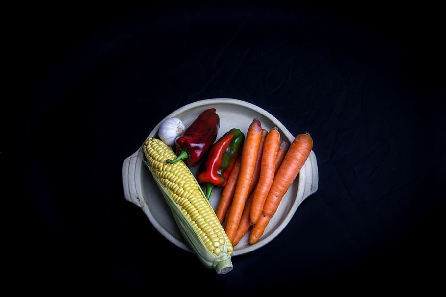 isolated, vegetables, plate, carrots, corn, peppers, garlic, top, garden, fresh