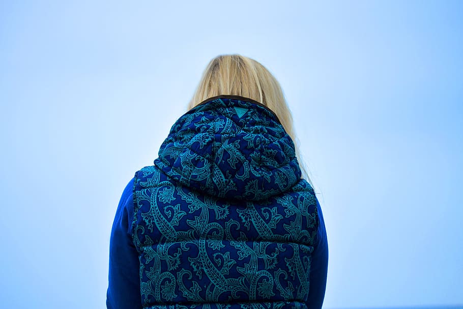 blonde, woman, girl, vest, sweater, blue, sky, thinking, female, young