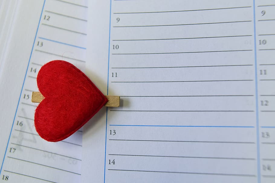 white, printer paper, red, heart decor, calendar, time, love, date, time of, appointment