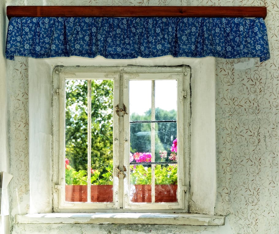 blanco, ventana de panel de vidrio de metal, metal blanco, panel de vidrio, ventana, antiguo, alféizar de la ventana, históricamente, cortina, rústico