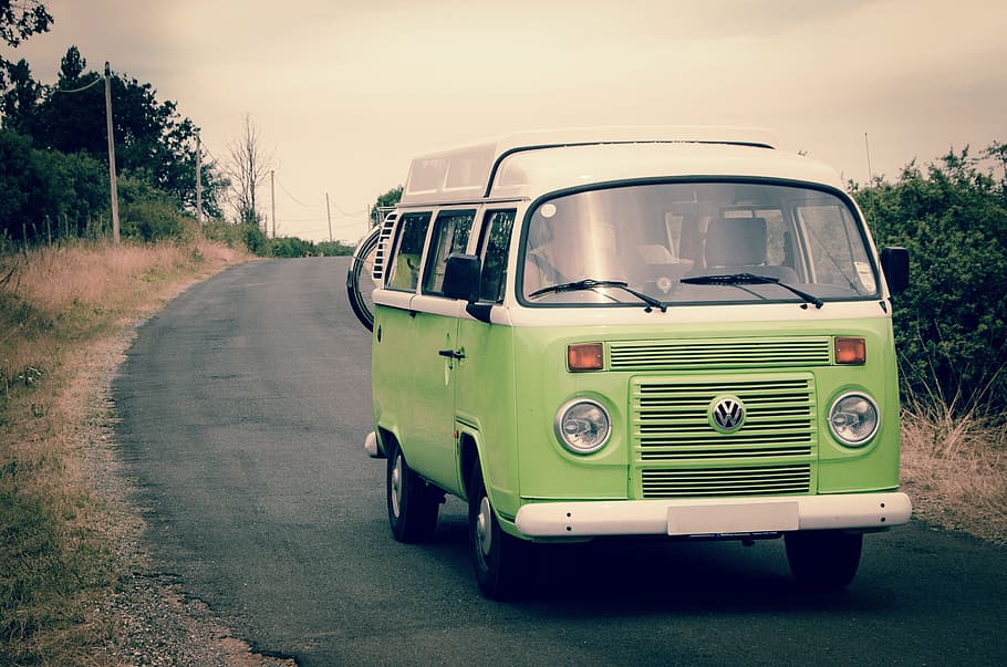 green, volkswagen bus photography, daytime, van, vw, travel, trip, holiday, vacation, road trip