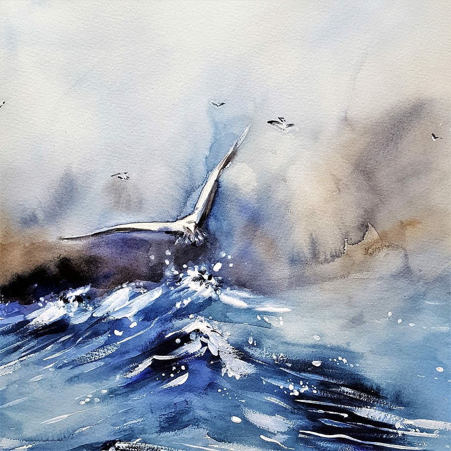 bird, flying, body, water painting, art, painting, sea, storm, seagull, ocean