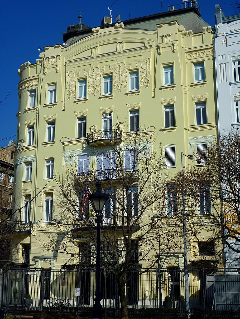 american embassy, viennese art nouveau style, dom square, budapest, hungary, building, capital, building exterior, architecture, built structure