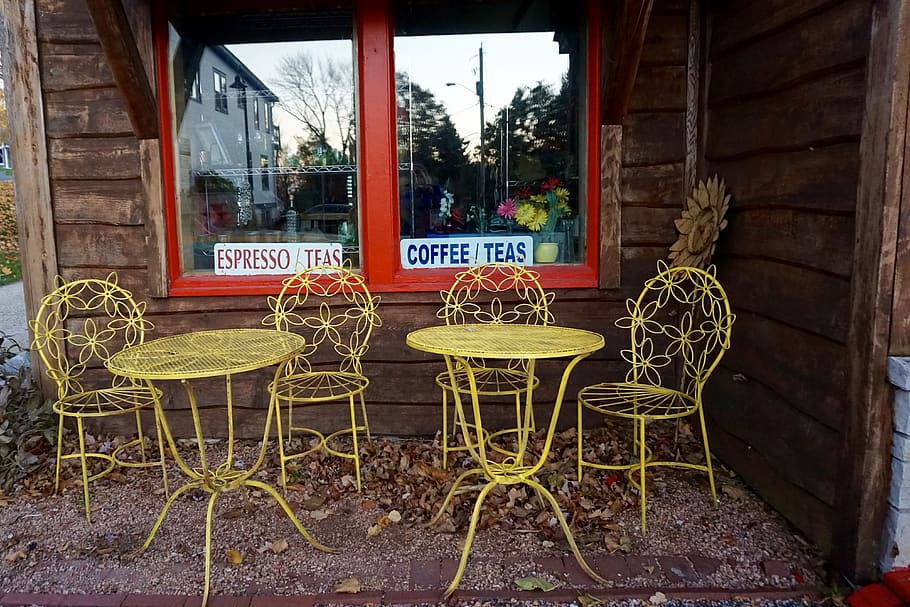 cafetería, tienda de té, mesa, silla, casual, restaurante, tienda, otoño, Wisconsin, Egg Harbor