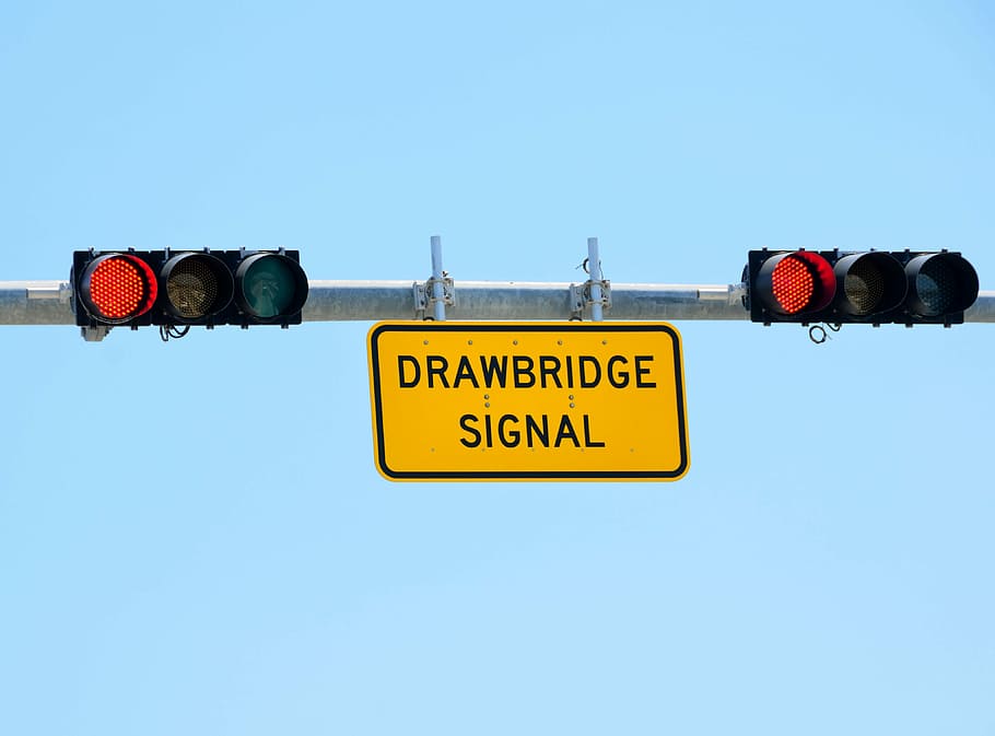 Draw Bridge, Signal, Warning, draw bridge signal, red light, sign, red, automobile, water, bridge