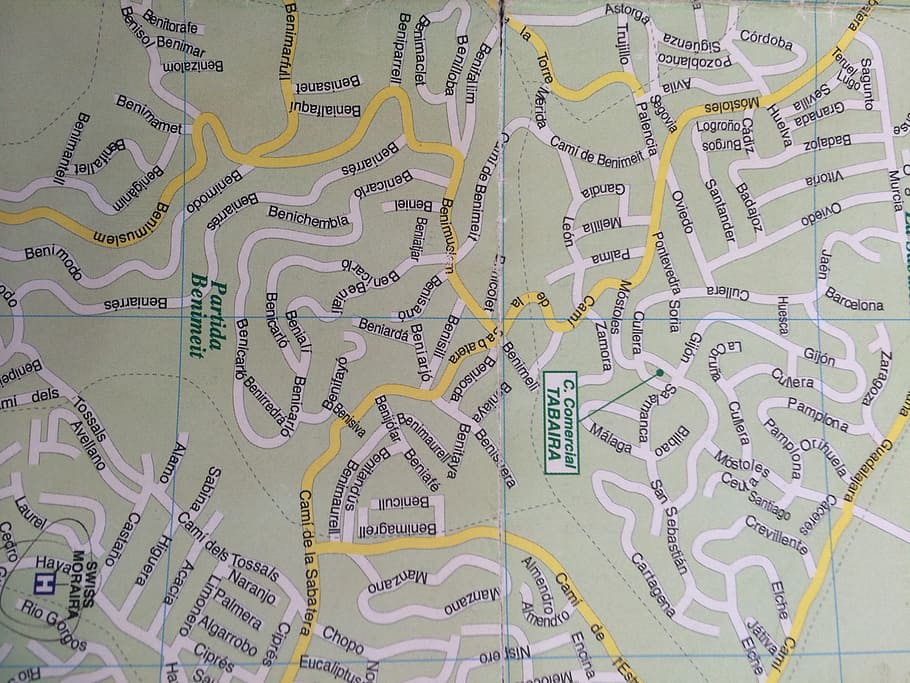 green, yellow, map, spain, directions, geography, navigation, streets, plan, roads
