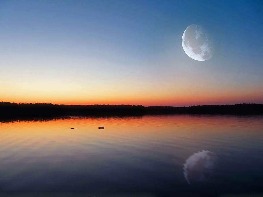 calm, body, water, full, moon, evening lake, glow, big moon, finland, dark