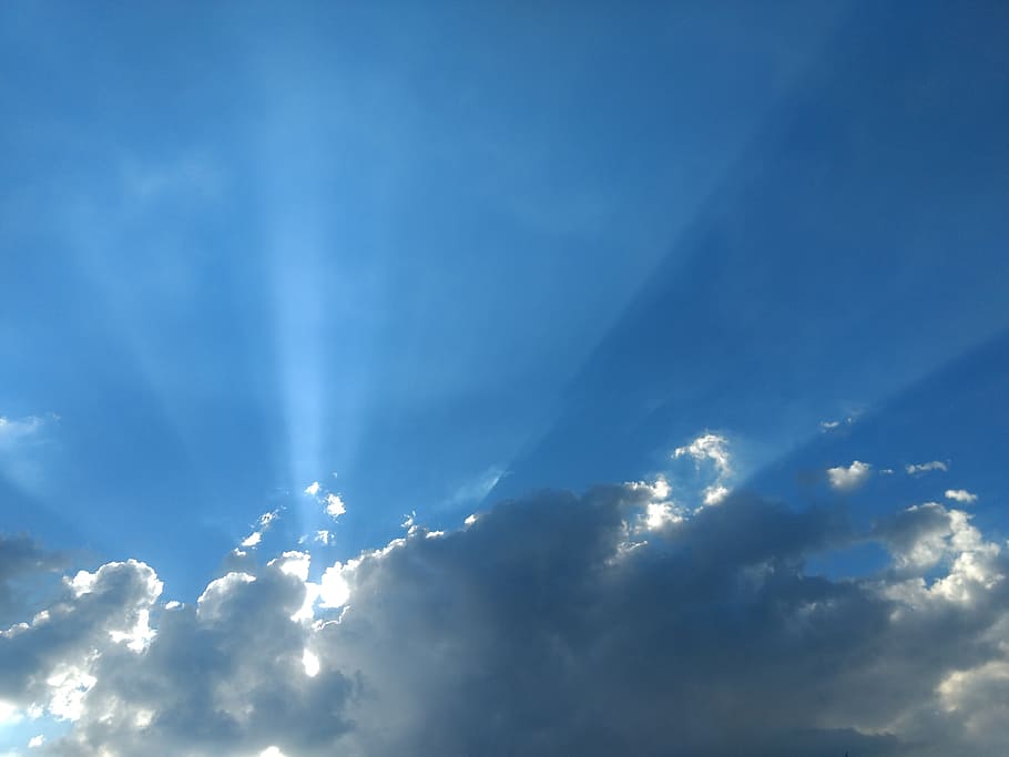sky, clouds, blue, blue sky, white clouds, sun, space, rays, blue skies, grey