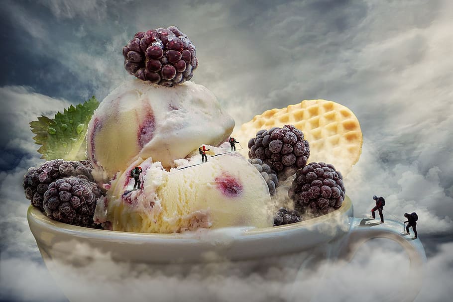 es krim, di dalam, putih, keramik, piala, diedit, foto, gunung, bertali, es krim sundae