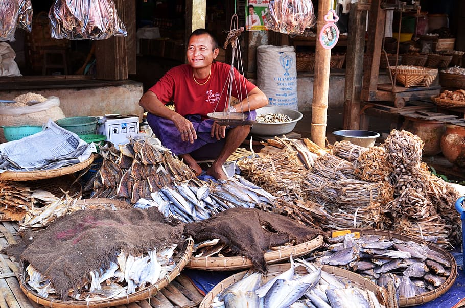 mercado, vendedor, vendedor de pescado, pescado seco, pescado, una persona, ocupación, hombres, personas reales, adulto