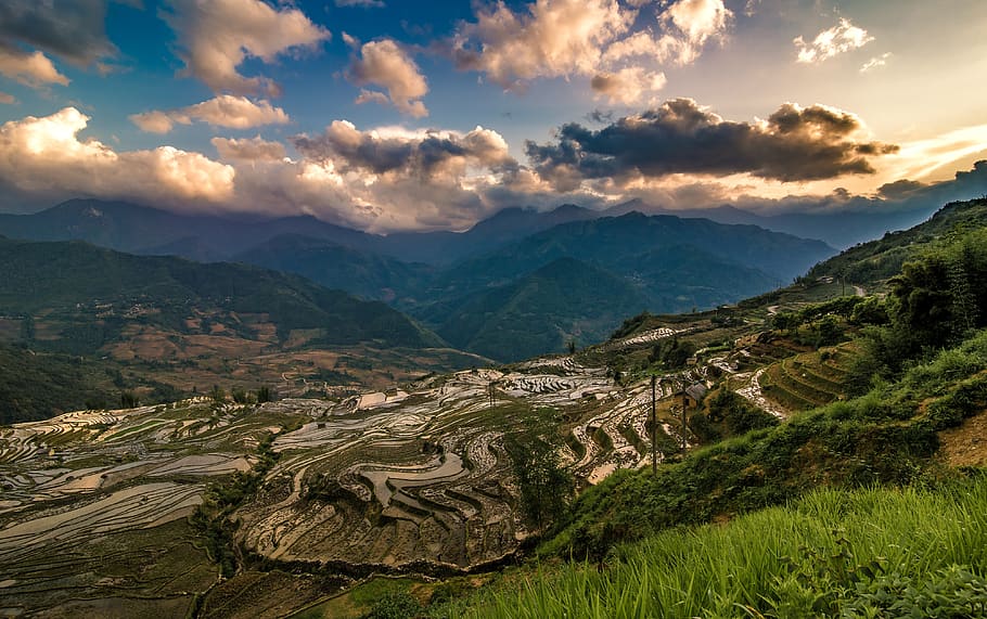 mountains, landscapes, vietnam, clouds, beautiful scenery, terraced fields, pouring water, mountain, scenics - nature, cloud - sky