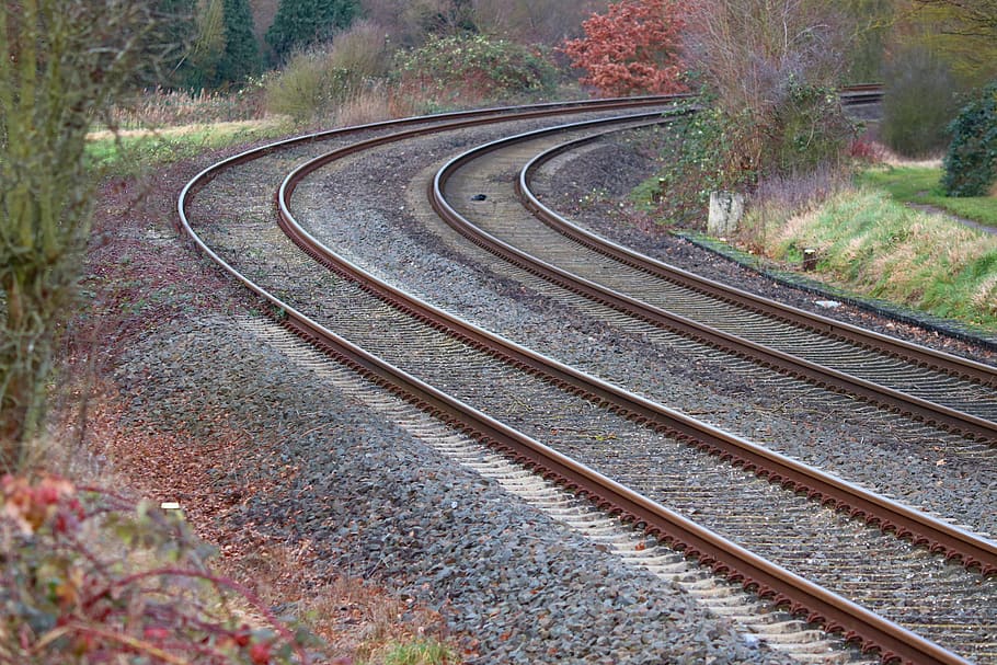 rails, railroad tracks, rail, railway, gleise, shut down, overgrown, rusty, threshold, railway sleepers