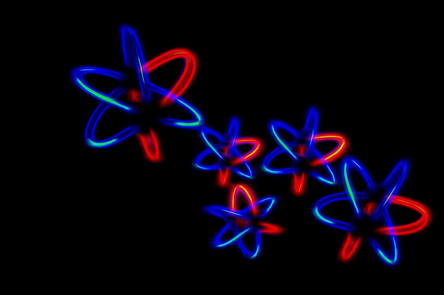 biru, merah, ilustrasi lampu neon atom, Abstrak, Neon, Latar Belakang, Cahaya, desain, cerah, warna