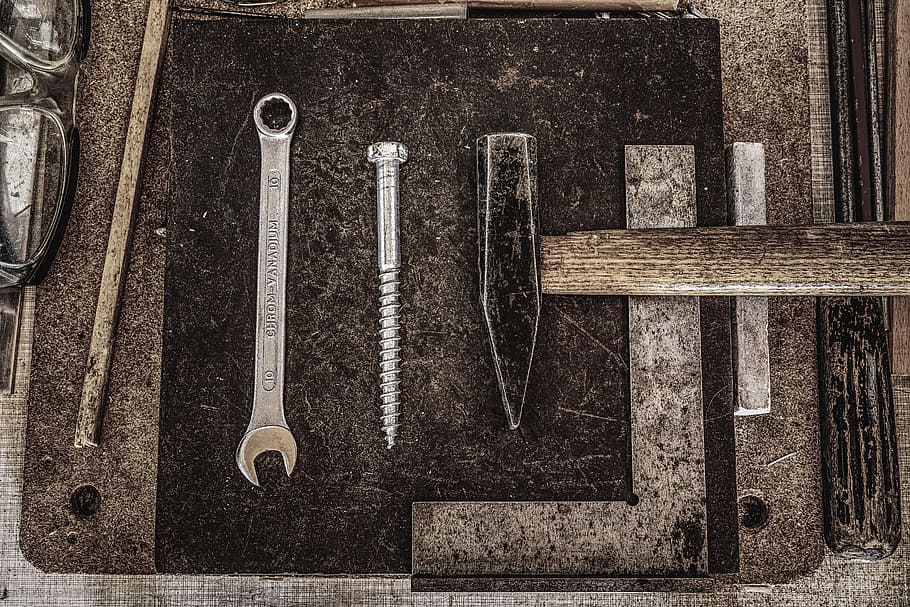 six, gray, steel hand tools, workshop, rustic, hammer, wrench, tool, metal, files