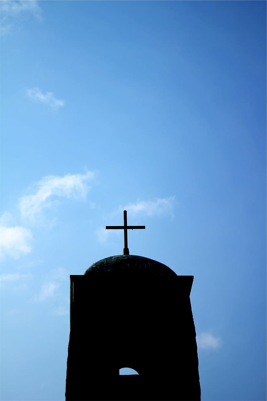 silhouette, cross, daytime, cathedral, religion, blue, sky, church, low angle view, cloud - sky