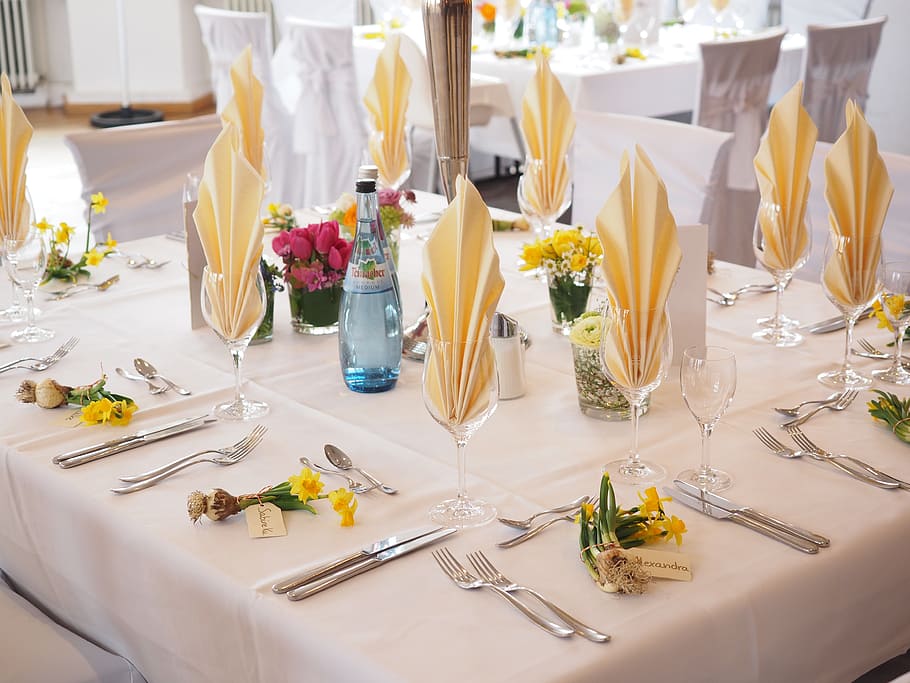 stainless, steel fork, white, tablecloth, wedding table, ballroom, hall, wedding decoration, wedding, festivity