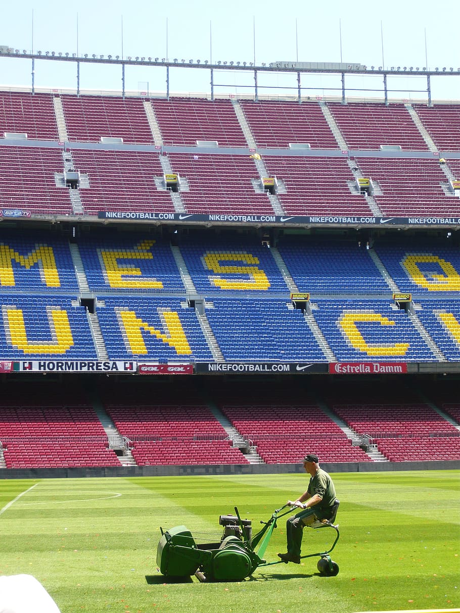 stadium, greenkeeper, green, mes que un club, football, barcelona, sport, spain, grass, seats