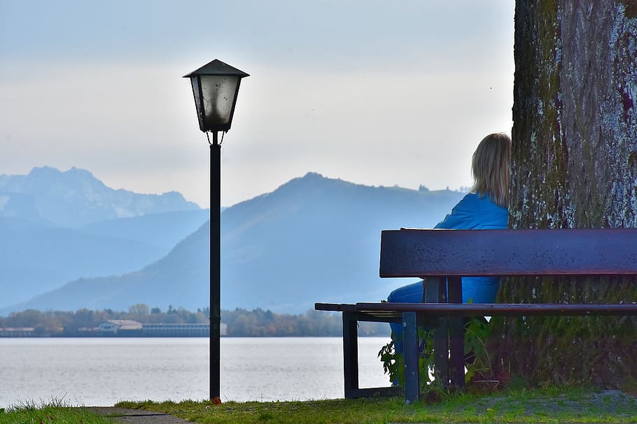 woman, blue, top, sitting, bench, sit, panorama, meditation, watch, thoughtful