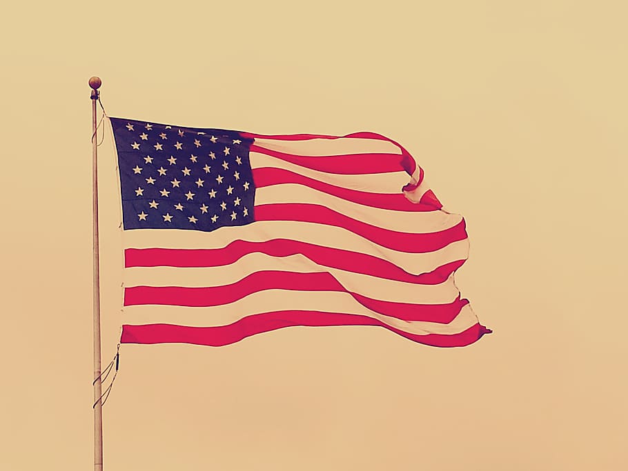 melambai, bendera, amerika, tiang perak, bendera amerika, simbol, nasional, merah, negara, patriotik
