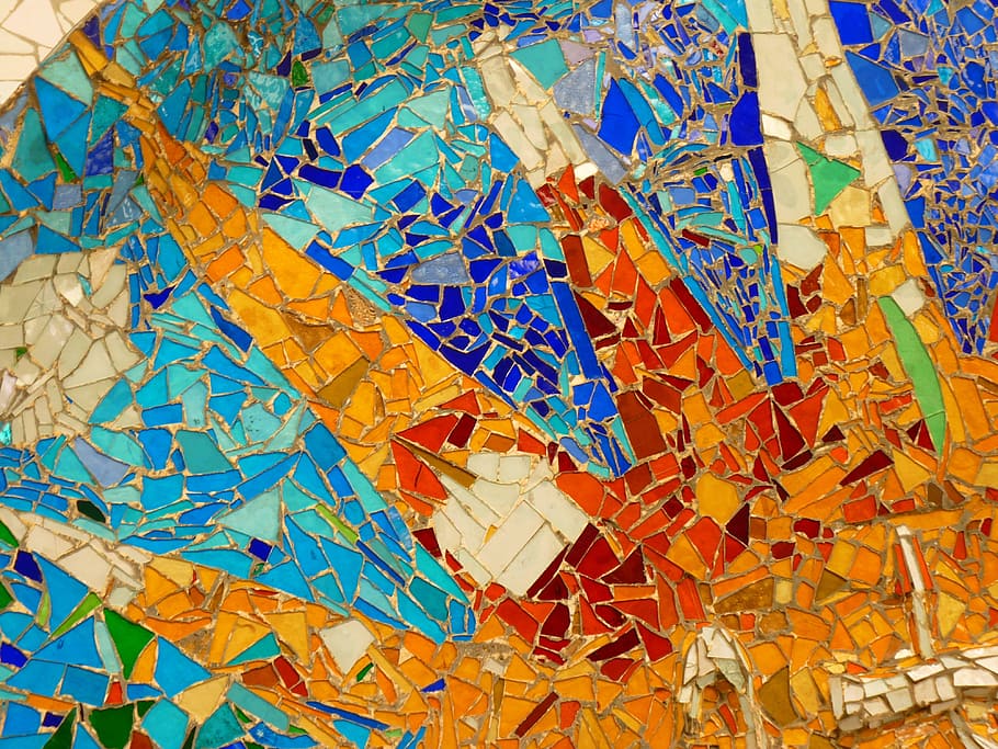 multicolored, glass mosaic surface, park güell, gaudí, mosaic, barcelona, full frame, backgrounds, multi colored, pattern
