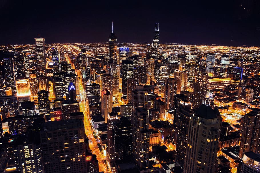 chicago, night, urban, cityscape, urban Skyline, skyscraper, new York City, uSA, downtown District, famous Place