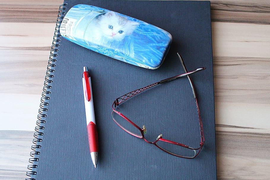 notebook, pen, workplace, glasses, indoors, blue, still life, pencil, high angle view, table