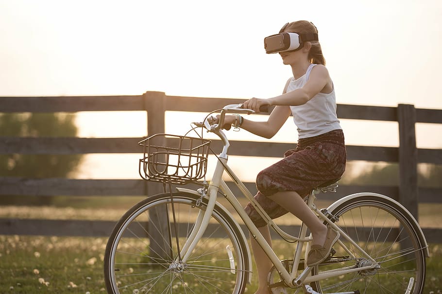photograph, girl, ride, female, beach cruiser bike, vr headset, augmented reality, bicycle, bike, child