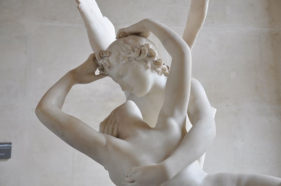 two statues hugging, cupid and psyche, louvre, paris, marble, taproom, statue, art and craft, sculpture, human body part