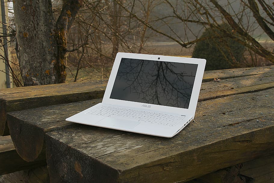white, asus laptop computer, table, laptop, notebook, work, independent, computer, technology, wood - Material