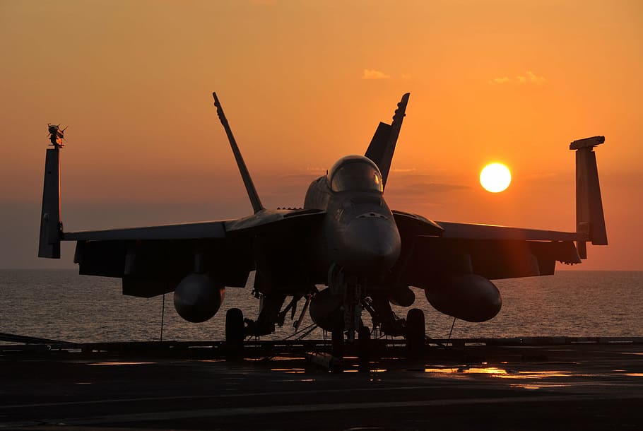 fighting, jet, concrete, surface, military jet, sunset, silhouette, aircraft, f-18, super hornet