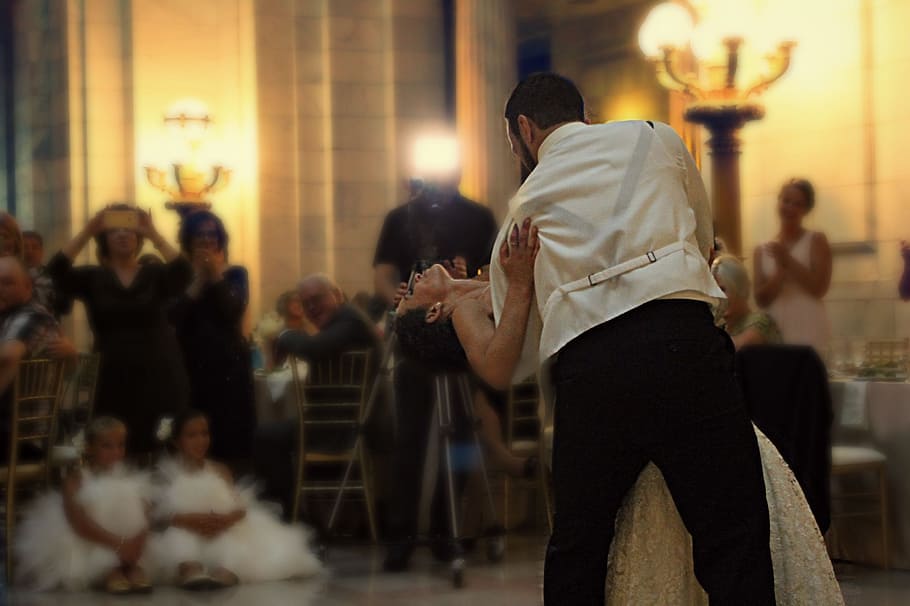 man, woman dancing, people, couple, bride, groom, dancing, wedding, party, crowd