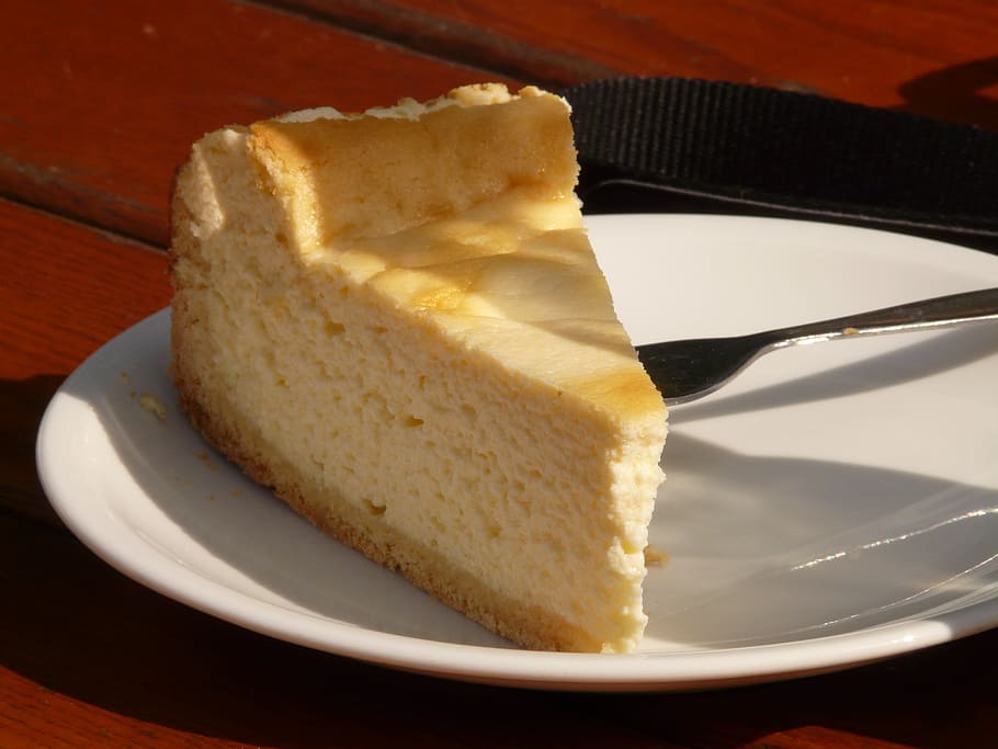 served, white, ceramic, Cake, Cheesecake, Eat, Plate, Fork, dessert, pastries